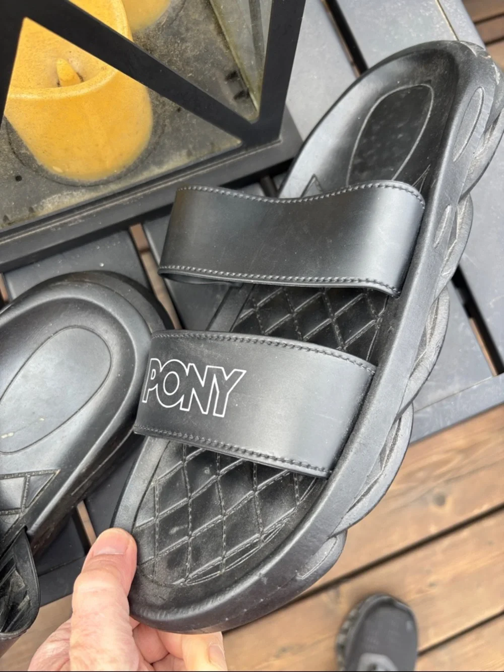 Pony Black Quilted Strap Slide Sandals